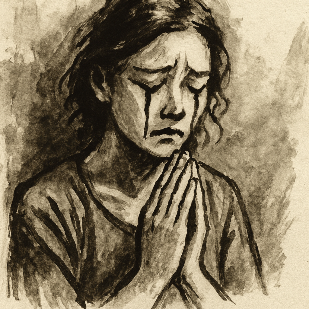 Artwork for »Breathing after that«. A woman painted in ink sits with her eyes closed and her hands clasped in front of her chest. Dark streaks of tears run down her face, carved like deep emotional lines. Her expression is weary yet inward-focused, as if she is searching for comfort or grounding in a quiet moment of breathing. Soft, blurred shadows surround her, enhancing the sense of retreat, sorrow, and a fragile hint of hope.