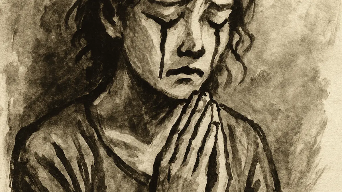 Frau mit gefalteten Händen und dunklen Tränenlinien im stillen Schmerz. · Woman with clasped hands and dark tear streaks in quiet sorrow.