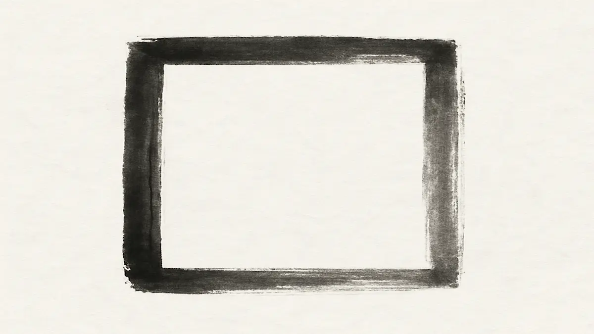 Rechteckiger, offener Rahmen aus grobem Tuschestrich. · Rectangular open frame made with rough ink strokes.