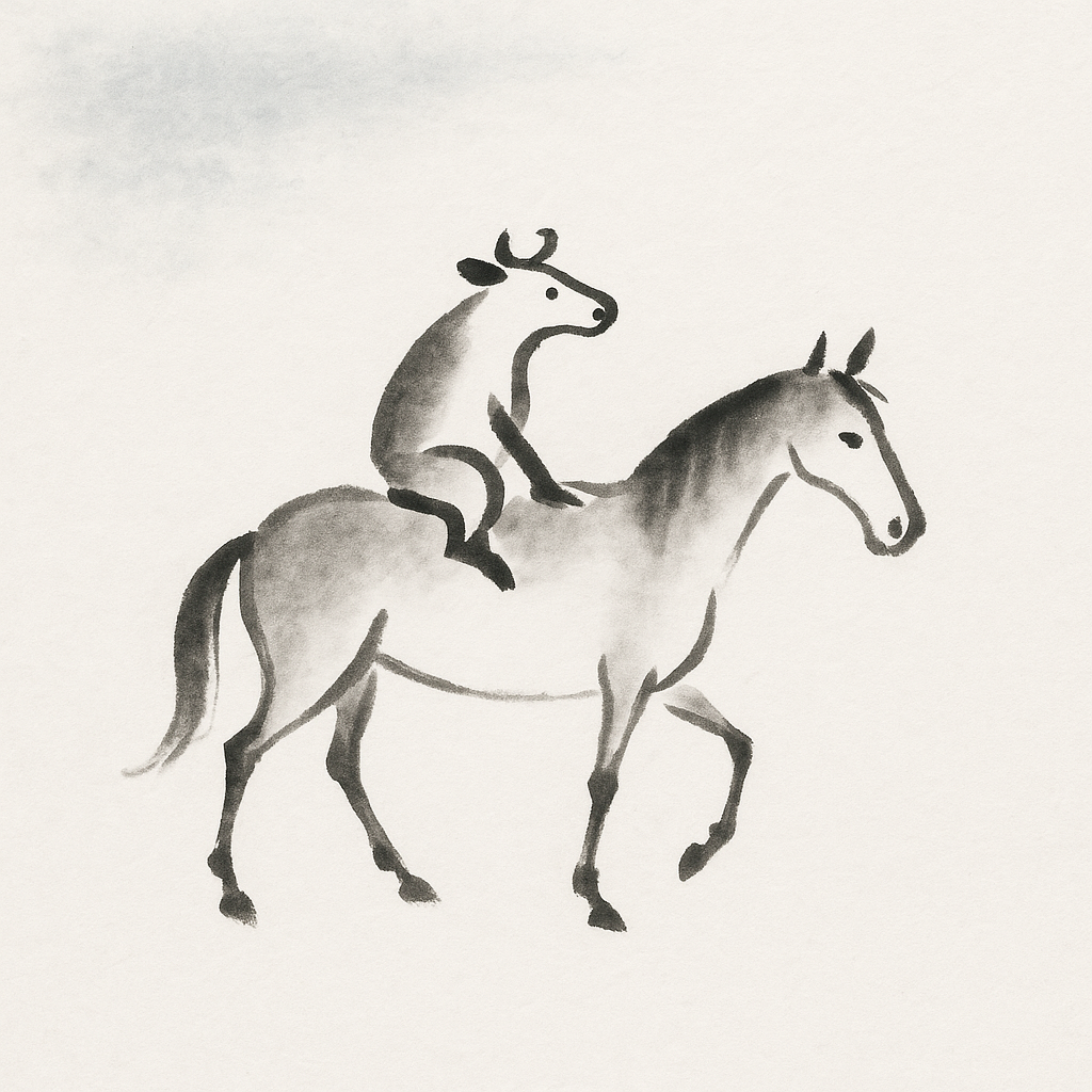 Artwork for »The Sky doesn’t care«. A minimalist ink painting depicts a horse walking calmly while a small, simply drawn cow sits on its back. The cow has a relaxed, almost indifferent expression and sits upright as if riding a horse were the most natural thing in the world. The lines are soft and understated, giving the scene a light, humorous tone. The background is bright and empty, adding a quiet serenity—an image that feels both playful and philosophical, as if suggesting that the world carries on no matter who rides whom.