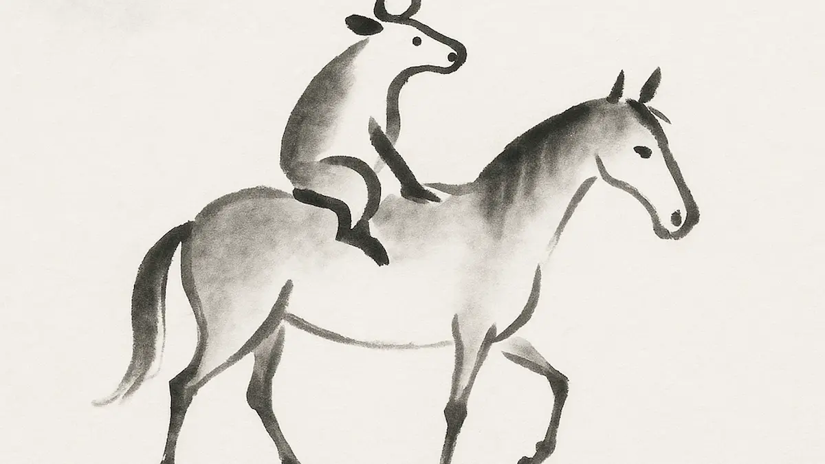 Ruhig schreitendes Pferd mit gelassen sitzendem Rind auf dem Rücken. · Calmly walking horse carrying a relaxed, seated cow.