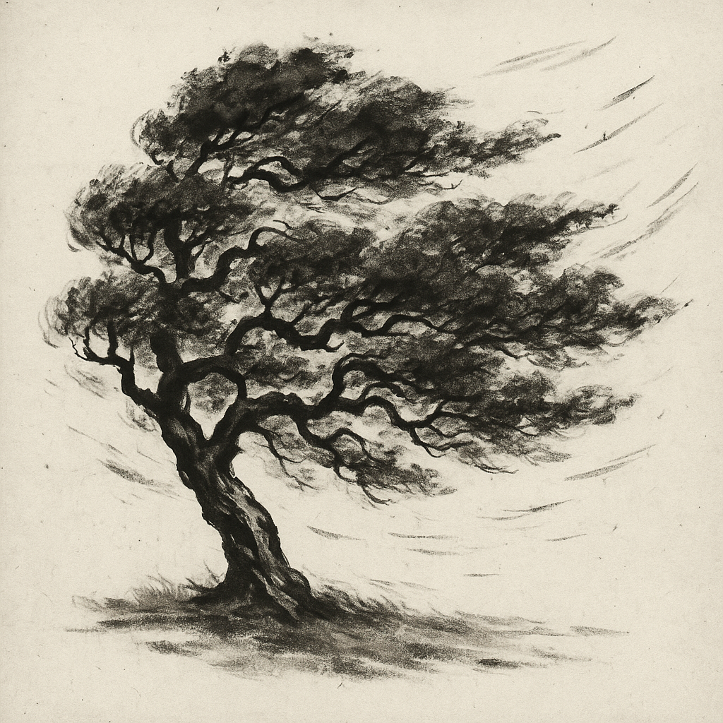 Artwork zu »Dennoch«. Ein einzelner, knorriger Baum steht schräg im starken Wind, der seine Äste weit nach einer Seite zieht. Die dunklen, wirbelnden Pinselstriche lassen die Krone wie eine fließende Bewegung erscheinen, während der Stamm fest im Boden verankert scheint. Die Szene wirkt zugleich kraftvoll und verletzlich: ein Baum, der dem Sturm trotzt, gebeugt, aber nicht gebrochen. Die Umgebung bleibt weitgehend leer und hell, sodass die Dynamik des Windes und die Standhaftigkeit des Baumes noch deutlicher hervortreten.