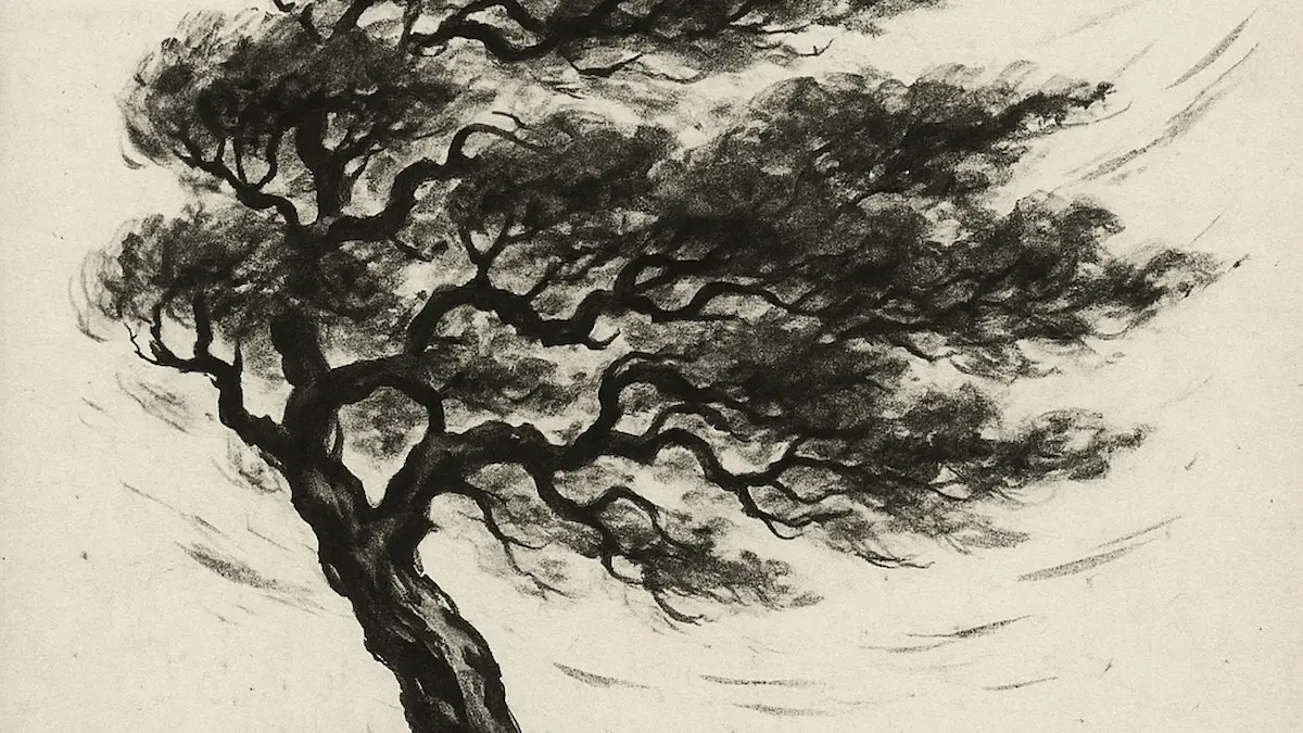 Vom Wind gebeugter Baum, der dennoch standhält. · Wind-bent tree that still endures.