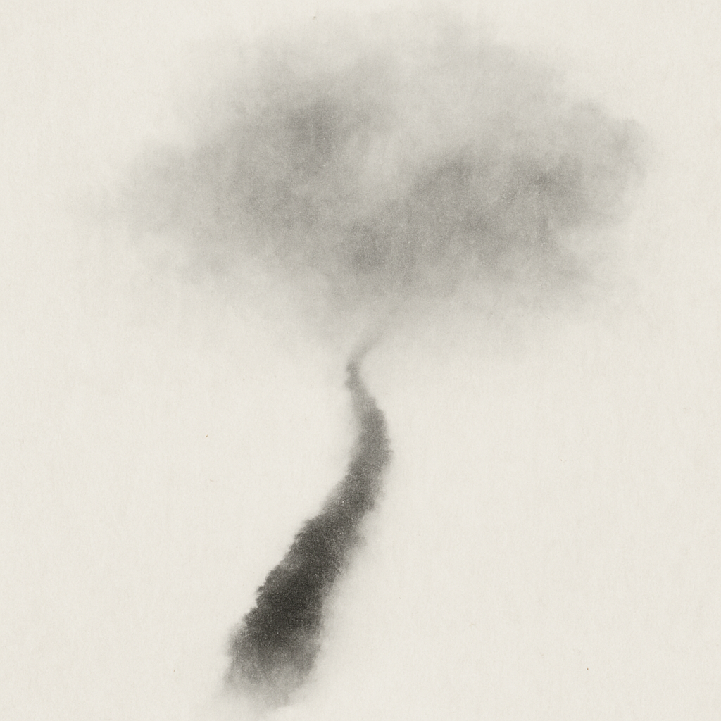 A soft, grey-toned ink drawing shows a narrow, upward-leading dark path winding from the lower centre of the image upwards. The path seems born from mist—clearer in some places, blurred in others, as if it had no solid ground. At the very top it fades into a wide, cloud-like shape of diffuse grey that suggests dense fog or a cloud of thoughts. The transition between path and cloud is fluid, almost ethereal. The scene carries a quiet melancholy, but also hope: a path leading into the unknown, into something larger, softer, perhaps into insight or a dream.