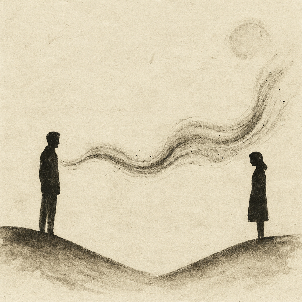 Artwork zu »Flüstern«. Zwei silhouettenhafte Figuren stehen sich auf sanft geschwungenen Hügeln gegenüber – links eine männliche Gestalt, rechts eine weibliche. Zwischen ihren Mündern zieht sich ein weicher, wellenartiger Strom aus dunkler Tusche, als würde ein Wort, ein Atem oder ein unausgesprochener Gedanke von einer Person zur anderen hinübergleiten. Der Strom steigt nach oben auf und löst sich in der Nähe eines blass gezeichneten Kreises – vielleicht Sonne, vielleicht Mond – allmählich im Leeren auf. Die Szene wirkt still, intim und verletzlich: ein leiser Austausch über Distanz hinweg, ein Flüstern, das die Luft und den Raum zwischen ihnen formt.