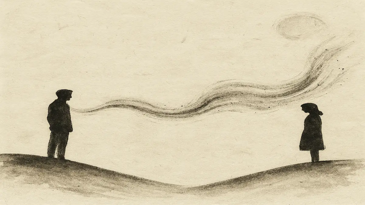 Zwei Gestalten, verbunden durch einen hauchzarten Flüsterton aus Tusche. · Two figures linked by a delicate whisper of ink.