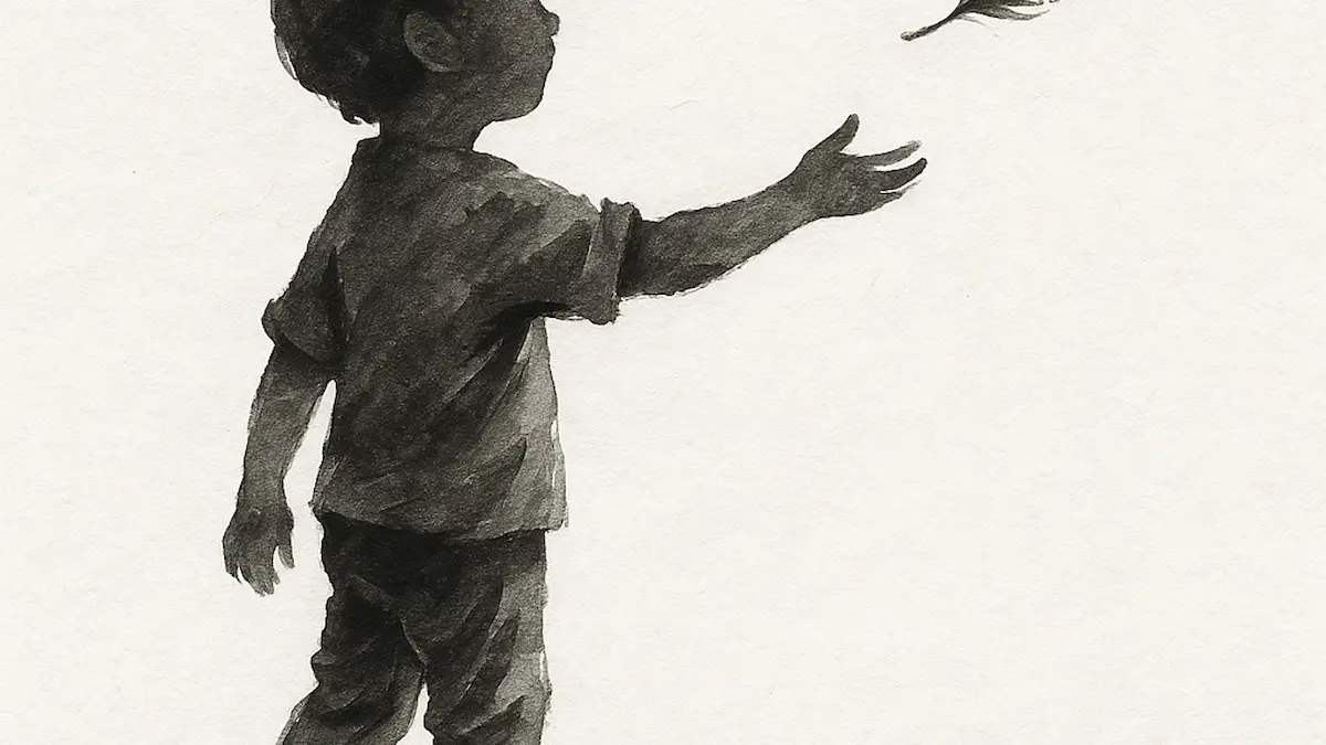 Silhouette eines Kindes, das eine schwebende Feder berührt. · Silhouette of a child reaching toward a floating feather.