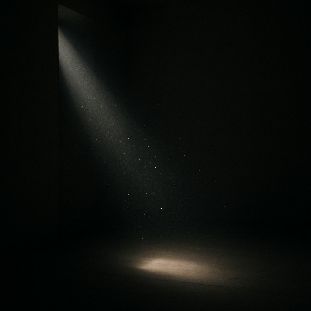 Artwork for »HERE«. A dark, nearly empty room is pierced by a single beam of light entering through a narrow door or window opening. The light cuts diagonally through the darkness, illuminating a small patch of floor where tiny dust particles drift and glimmer in the beam. The rest of the room remains shrouded in deep shadow, making the contrast between light and darkness especially striking. The scene conveys stillness, solitude, and a quiet, almost sacred presence—a moment that feels like: This is where something begins.