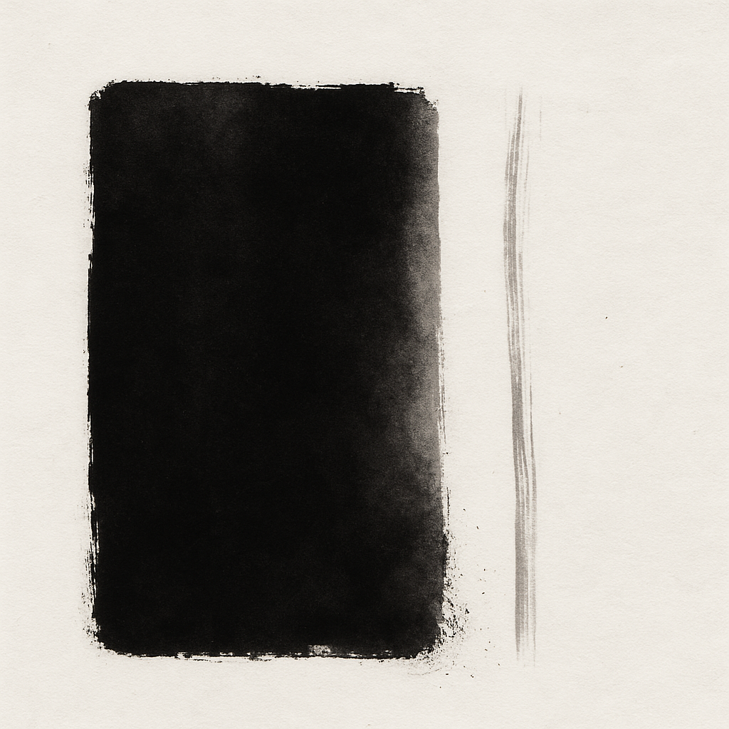 A large rectangular field of deep black ink dominates the left side of the image. Its edges are irregular, as if the brush had been pressed hard into the paper, while the center remains almost impenetrably dark—a dense block of shadow. Toward the right, the blackness softens, losing its hardness and fraying into a dusty grey shimmer.
Beside this heavy darkness stand three thin vertical lines, delicate and almost trembling, as if drawn with the lightest brushstroke. They appear fragile compared to the massive black.
The composition conveys heaviness and constriction, yet also a faint, quiet resistance: the thin lines feel like a breath that persists despite everything. An image of suffering that does not scream but presses silently—while still leaving a trace of movement, of possibility.