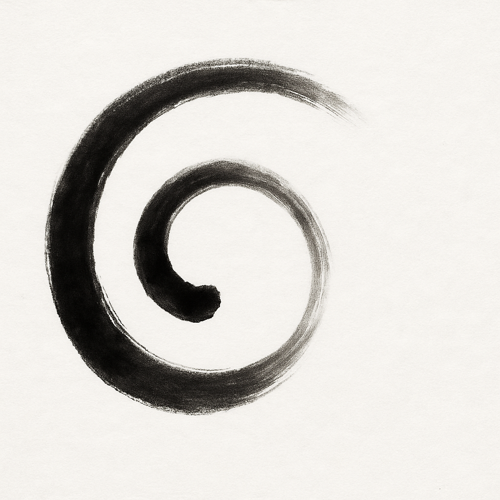 A single brushstroke of dark ink forms a soft, almost meditative spiral on light paper. The line begins strong and energetic at the outside, then becomes narrower and calmer toward the center, ending in a rounded, quiet point. The texture feels alive—dense and full in some places, gently smudged in others, as if the brush itself were breathing. The shape suggests inward movement and contemplation: a silent pull toward the center, like thoughts curling in on themselves until they quiet and dissolve.