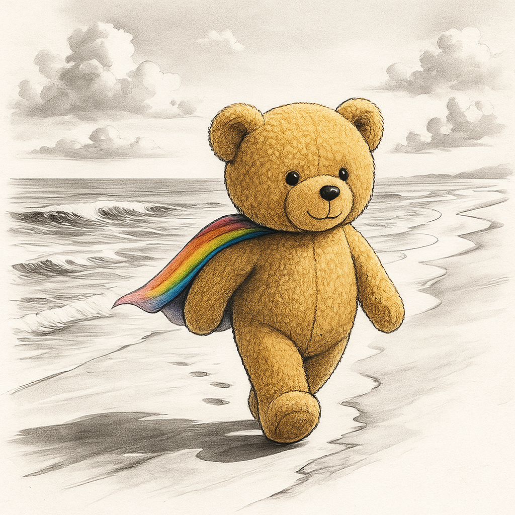 Artwork zu »No Drama«. Ein flauschiger Teddybär mit hellbraunem Fell spaziert selbstbewusst am Strand entlang. Die Wellen rollen sanft heran, und der Himmel ist mit weichen Wolken gefüllt, die dem Bild eine ruhige, leichte Atmosphäre verleihen. Über die Schulter des Bären weht ein Regenbogenumhang, der farbenfroh im Wind flattert und ihm etwas Held*innenhaftes verleiht. Der Bär lächelt freundlich, mit großen, glänzenden Knopfaugen, und hinterlässt kleine Pfotenabdrücke im nassen Sand. Die Szene wirkt heiter, warm und spielerisch – als würde der Bär sagen: Alles gut, kein Drama.