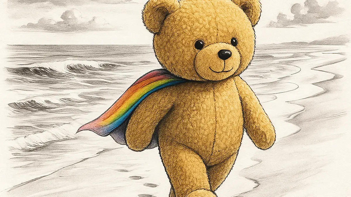 Fröhlicher Teddybär mit Regenbogenumhang am Strand. · Cheerful teddy bear with a rainbow cape walking along the shore.