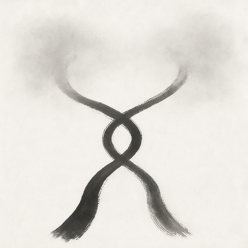 Two dark brushstrokes rise from the bottom of the image, first separate, then crossing at the center into an elegant, symmetrical loop—like two paths touching for a moment, winding around each other, then drifting apart again. Above the crossing, the lines dissolve into light, mist-like clouds that fade gently into the white background. The form feels both organic and symbolic: a dancing knot, an encounter of two forces, or a journey briefly weaving together. The atmosphere is calm and mysterious, as if the gesture hinted at a quiet secret—an intersection without clear beginning or end.