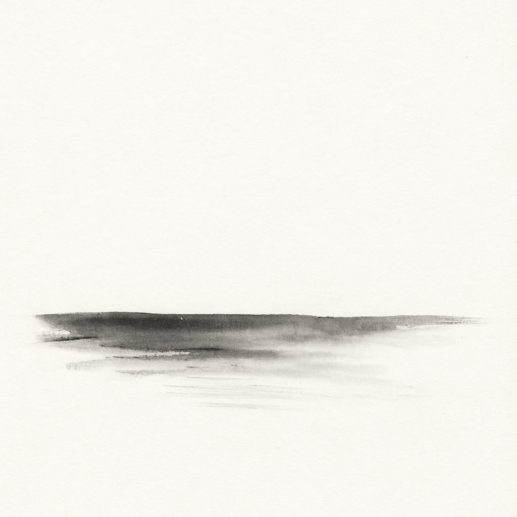 A delicate, almost fleeting ink drawing shows a horizontal line that feels like a distant horizon. Beneath this darker edge, the forms dissolve into softly blended greys, as if mist were drifting over a calm surface of water. Everything above is completely empty and bright, a wide open space without boundaries. The scene is meditative and still, like the pause before a deep breath. The line hints at something—perhaps sea, perhaps land, perhaps only a feeling—yet remains deliberately undefined. The whole image hovers gently between meaning and emptiness, as if its sense emerges only in the act of looking.