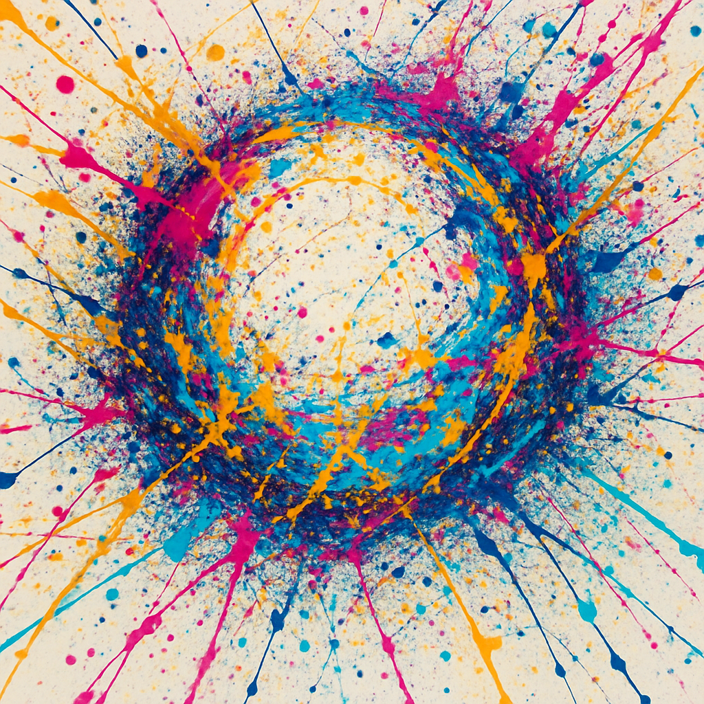 Artwork for »Playing«. An explosive ring of color fills the image: a circular center surrounded by wild, energetic bursts of paint. Bright yellow, vivid magenta, and deep turquoise overlap in dense layers, blending and radiating outward in long splashes. The texture evokes spontaneous motion, playful creativity, and unrestrained joy. The entire piece feels like a moment of pure expression—a swirling burst of color that captures the eye with its vibrant dynamism.