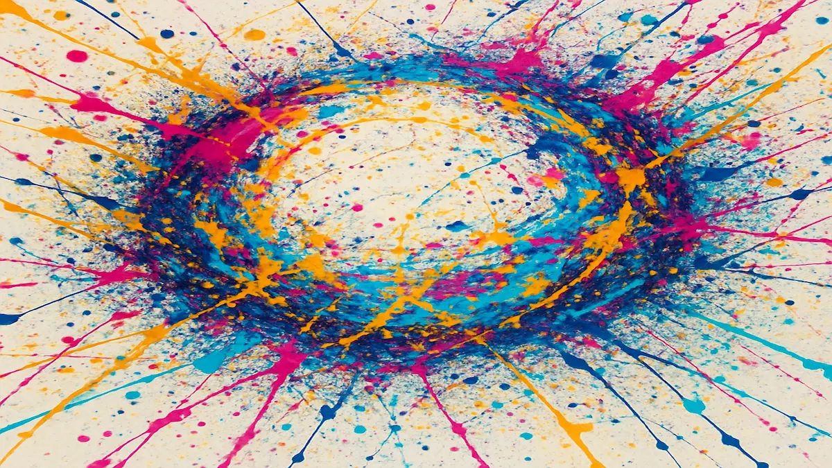Farbring aus wilden Spritzern in Gelb, Magenta und Türkis. · Vibrant ring of splattered yellow, magenta, and turquoise paint.