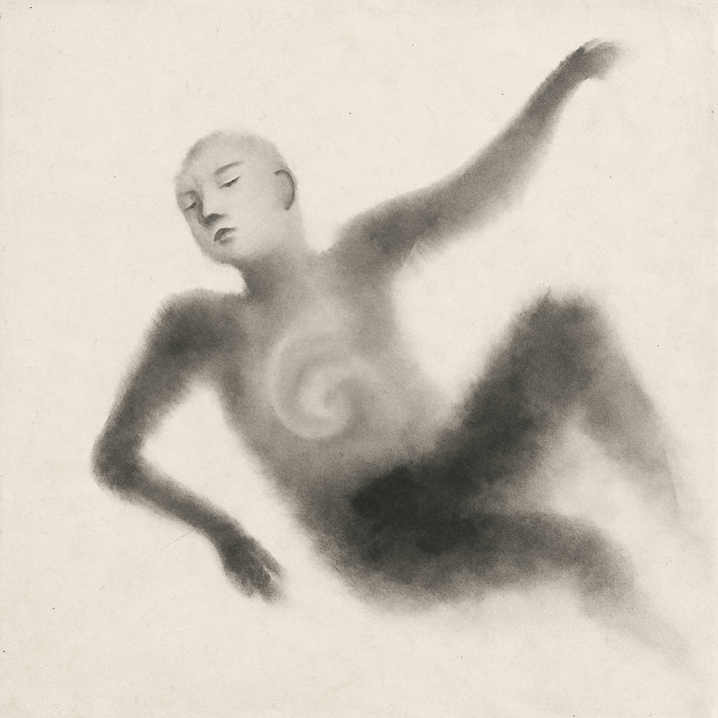 Artwork zu »Strecken«. Eine weich gezeichnete, fast traumhafte Figur schwebt in einer hellen, leeren Fläche. Der Körper wirkt wie aus Nebel modelliert, mit verschwimmenden Konturen und nur angedeuteten Gliedmaßen. Die Haltung ist leicht verdreht – ein Arm ausgestreckt, ein Bein angewinkelt –, als befände sich die Person im Übergang zwischen Fallen, Strecken und Loslassen. Im Brustbereich leuchtet eine helle Spirale, die wie ein innerer Wirbel aus Atem, Energie oder Bewusstsein wirkt. Das Gesicht ist ruhig, die Augen geschlossen, als würde die Figur in einem Zustand tiefen Spürens oder innerer Weite schweben.
