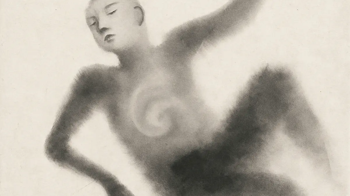 Nebelhafte Figur im Schweben, mit Spirale im Brustraum. · Mist-like figure drifting with a spiral glowing in the chest.