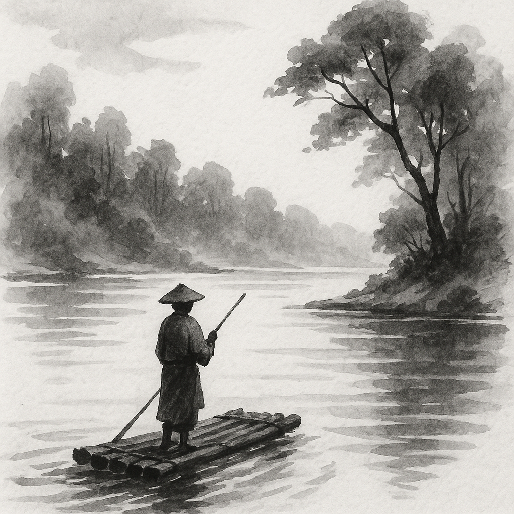 Artwork for »Searching in Wisdom«. A solitary figure stands on a simple bamboo raft, using a long pole to move across a calm river. The person wears a wide coat and a traditional conical hat that hides their face in shadow. Misty forests line the riverbanks, and soft light settles over the water as if early morning fog still lingers. The entire scene feels quiet and contemplative—an atmosphere of searching, listening, and moving forward through a landscape filled with stillness and wisdom.