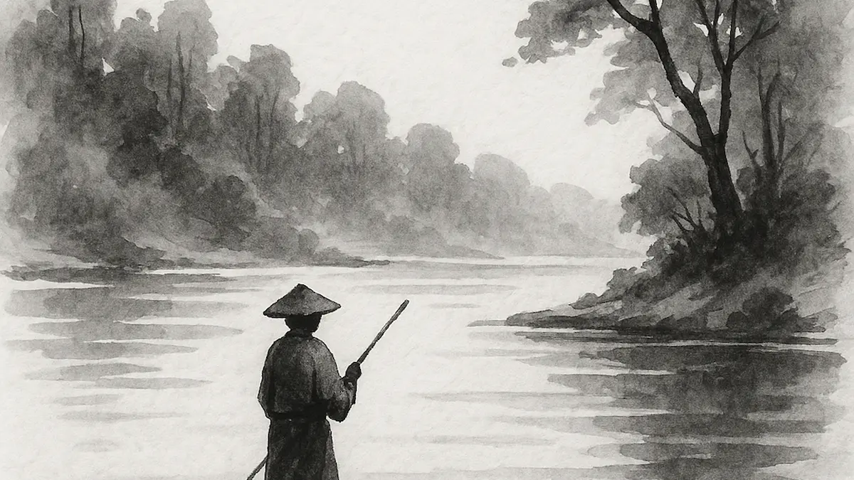 Alleinstehende Figur auf einem Bambusfloß in stiller Flusslandschaft. · Solitary figure on a bamboo raft in a calm riverscape.