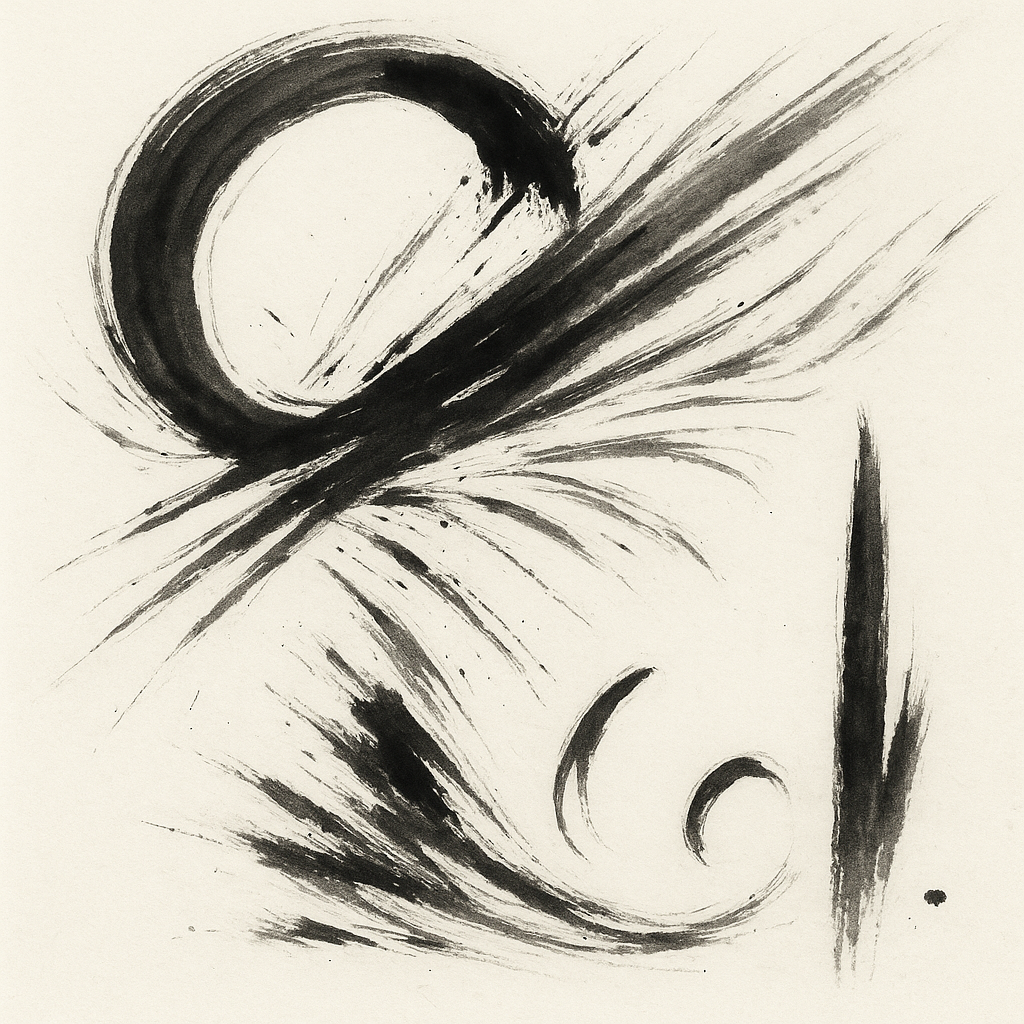 Artwork zu »Versuchung«. Eine dynamische Tuschezeichnung zeigt mehrere kraftvolle, dunkle Striche, die wie explodierende Bewegungen über die Fläche jagen. Ein großer, beinahe geschlossener Kreis dominiert den oberen Bereich, als würde er sich gerade aus seiner Form herausdrehen. Darunter und daneben verlaufen spitze, fächerartige Linien, die an Funken, Krallen oder ungezähmte Energie erinnern. Zwei geschwungene, kleinere Bögen im unteren Bereich wirken wie Gegenbewegungen – weich, doch zugleich geladen. Die Komposition vermittelt Spannung, Impuls, ein Ziehen und Zerren in verschiedene Richtungen, als würde etwas Verlockendes und zugleich Gefährliches im Moment des Entstehens eingefangen.