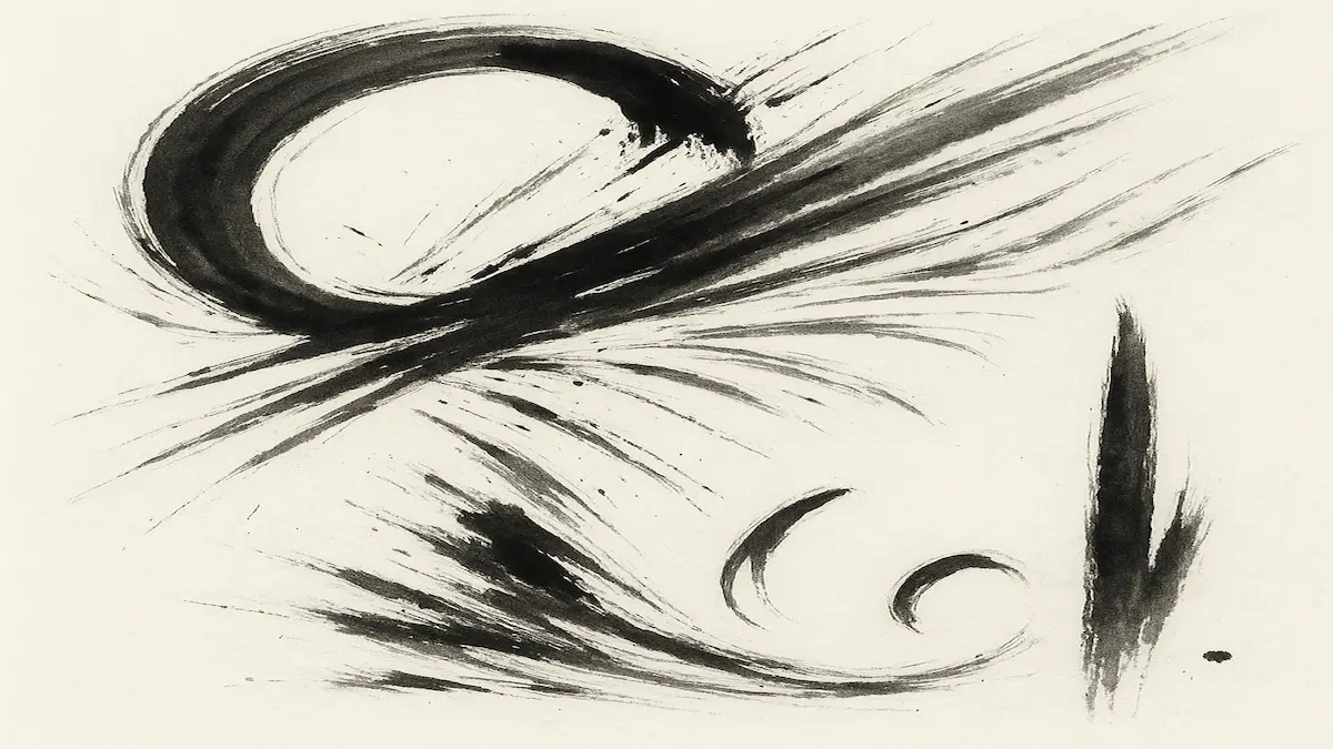 Energiegeladene Tuschestriche, die in Spannung auseinanderreißen. · Tension-filled ink strokes pulling apart with raw energy.
