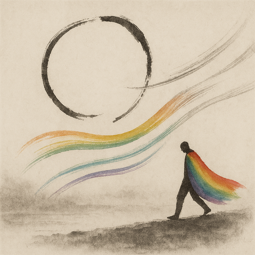 Artwork zu »Vier Winde«. Eine dunkle Silhouette einer gehenden Person bewegt sich über eine neblige Landschaft, den Kopf leicht gesenkt. Von ihren Schultern fließt ein weiter, wehender Umhang in kräftigen Regenbogenfarben, der sich in geschwungenen Bahnen hinter ihr ausbreitet, als würde er von unsichtbaren Winden getragen. Über ihr schwebt ein großer, unvollständig gezogener Tuschekreis – ein Enso –, umgeben von grauen, luftigen Pinselstrichen, die die Bewegung der vier Winde andeuten. Die Szene verbindet Stille und Kraft, Tradition und Farbe – ein Schritt durch eine Welt, in der Wind, Weg und Identität miteinander verwoben sind.
