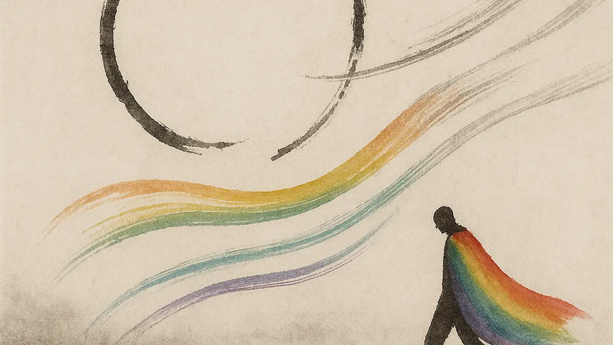 Silhouette mit wehendem Regenbogenumhang unter offenem Tuschekreis. · Silhouette with a flowing rainbow cape beneath an open ink circle.