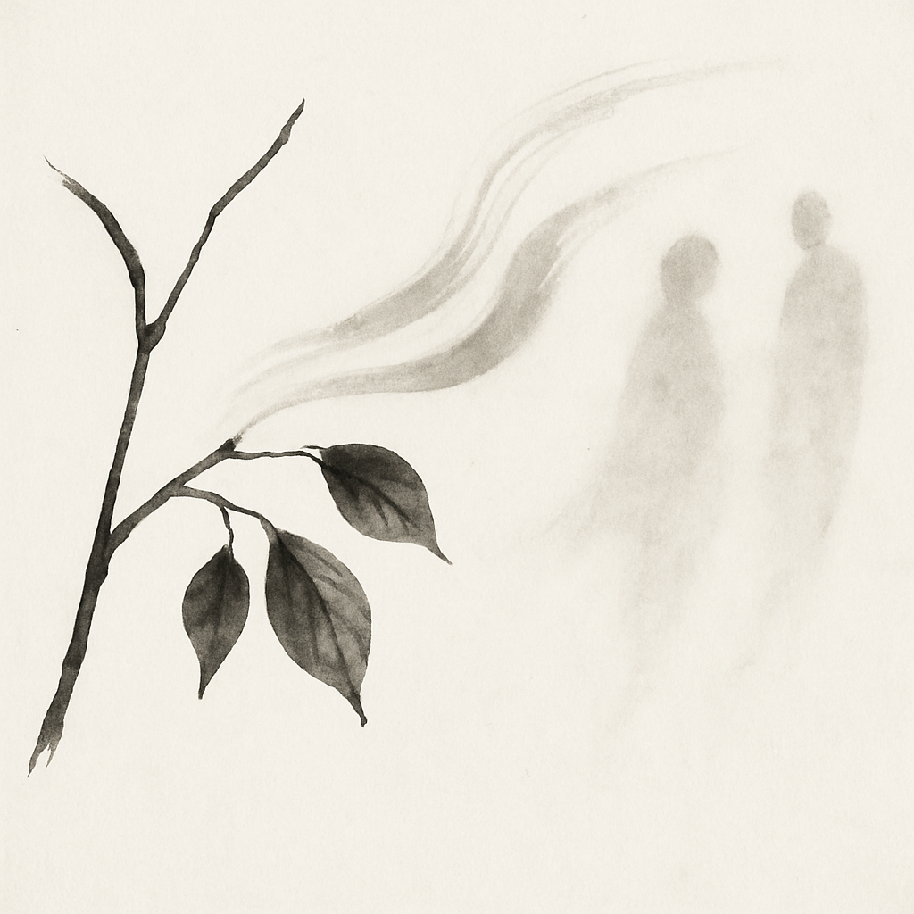 Artwork zu »Von Ihr«. Links im Bild steht ein zarter Zweig mit mehreren dunkel schattierten Blättern, fein in Tusche ausgearbeitet. Vom Zweig löst sich ein sanfter, wellenförmiger Schleier aus hellem Rauch oder Hauch, der nach rechts hin immer durchscheinender wird. In diesem Nebel zeichnen sich zwei schemenhafte Figuren ab, kaum mehr als Schatten oder Erinnerungen, die miteinander stehen, als gehörten sie zu einer fernen Vergangenheit. Die Szene wirkt still, melancholisch und voller Andeutung: als würde etwas, das „von ihr“ kam – ein Atem, eine Berührung, ein Gedanke – sich sanft in Erinnerung verwandeln.