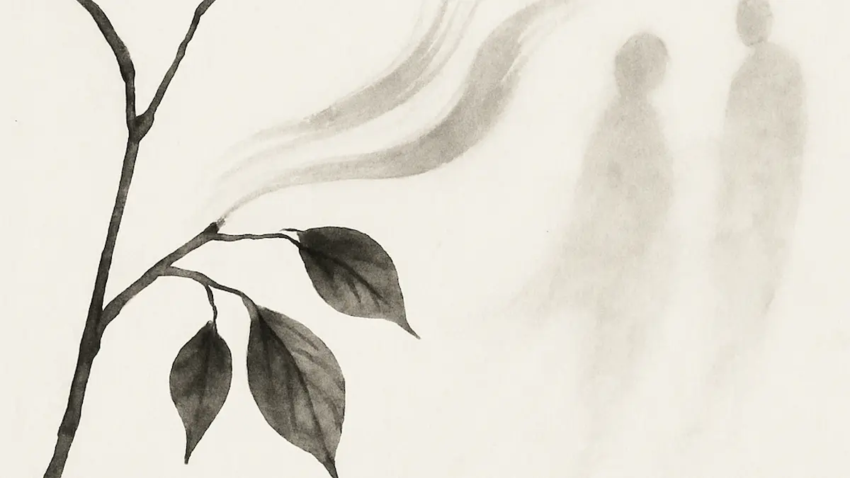 Zarter Zweig mit Hauch, der zwei schemenhafte Figuren entstehen lässt. · Delicate branch with a breath-like trail forming two faint figures.