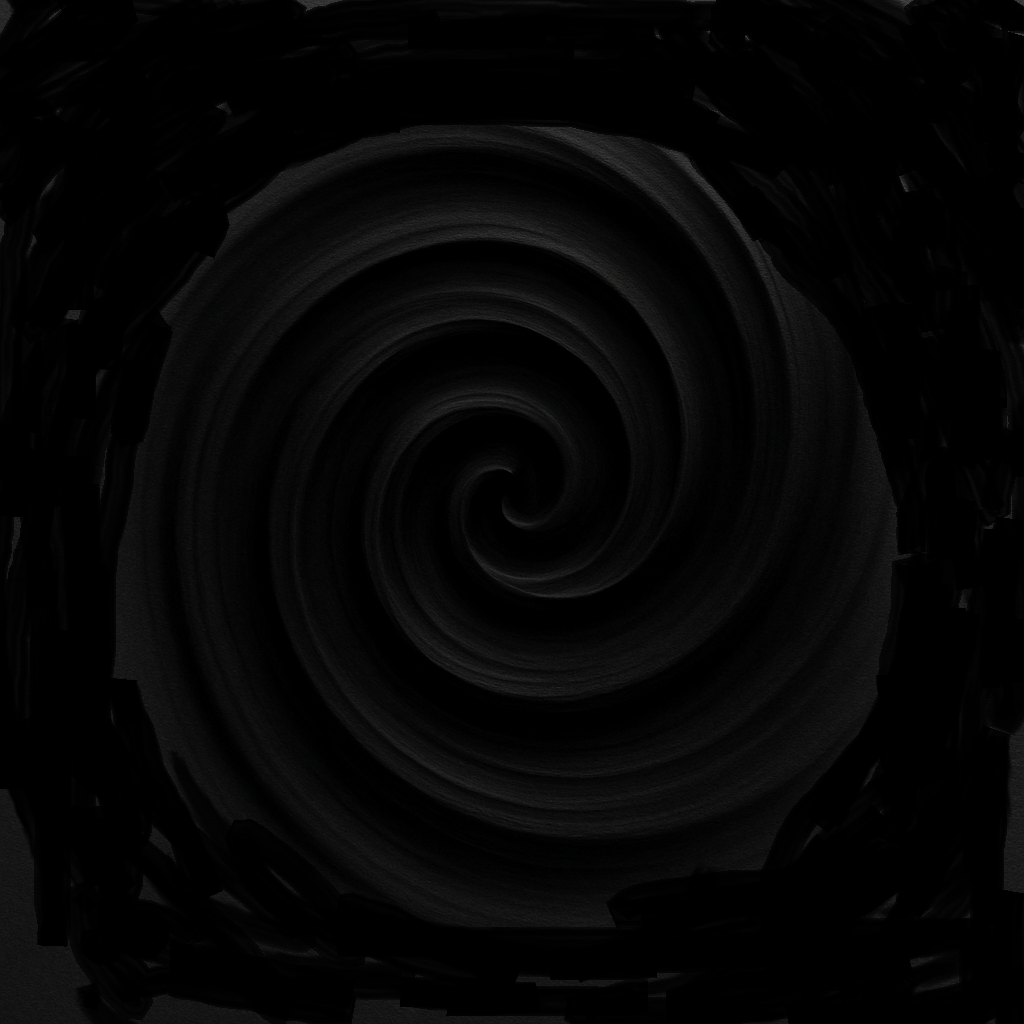 Whirl, black in black – artwork for »What remains«. A deep black spiral pulls inward from the edges of the image, drawing the viewer’s gaze toward a swirling center. The curves appear soft yet heavy, almost like they are shaped from dark smoke or velvety night. Around the spiral, an even darker border of rough, restless brushstrokes intensifies the sense of compression and downward pull. The whole image evokes a mood of depth, uncertainty, and a quiet, powerful collapse into the self.