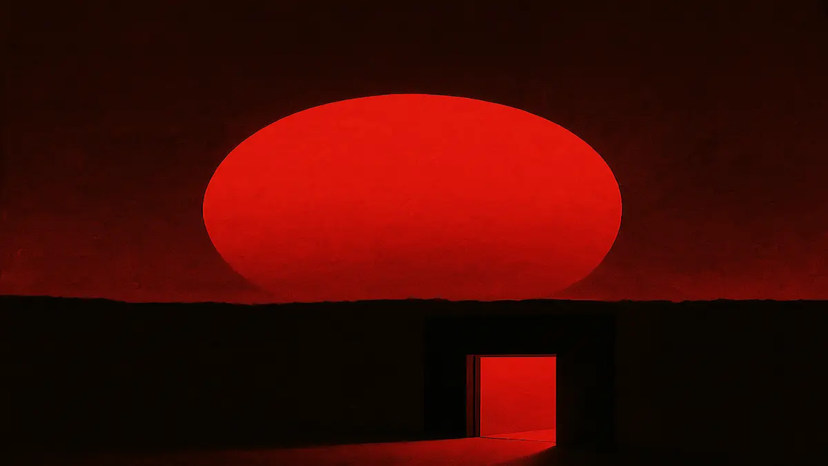 Dunkle Landschaft vor riesigem rotem Kreis, mit offenem Türrahmen aus purem Licht. · Dark landscape before a vast red circle, with an open doorway glowing with pure light.