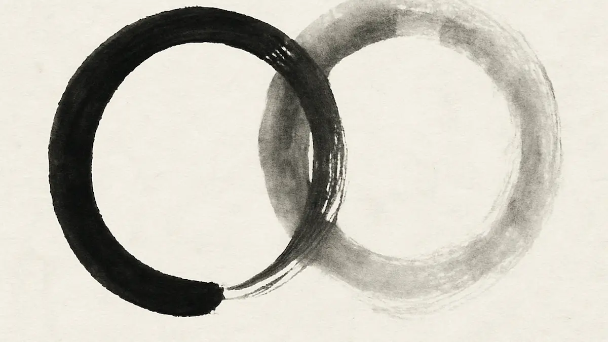 Zwei überlappende Kreise, einer dunkel, einer hell. · Two overlapping circles, one dark and one light.